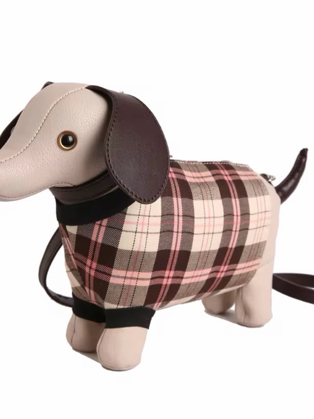 Dachshund Crossbody Bag in beige & Brown Plaid